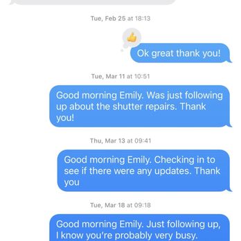 TaylorMade Window Fashions - Text communication between Emily and I - Shutters Near Me