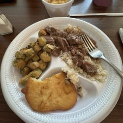 Money’s Grill - Beef tips Rice and gravy Fried okra Cornbread