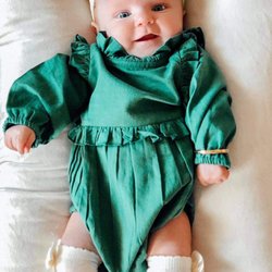 Ethan’s Closet - Ruffle Long Sleeve Romper - Teal (available in Mustard) & Accessories. Get this look online www.ethansclosetccb.com.