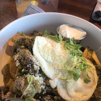 Brunch & Sip - Pork Green Chile Chilaquiles ($16) Sour cream was an extra $1 - Coffee & Tea Near Me - Phoenix, Arizona