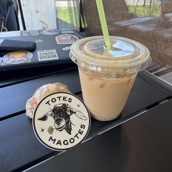 Hatties Coffee House - Iced golden latte, cookie, and sticker - Desserts Near Me - Whitestown, Indiana