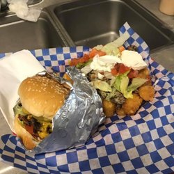 Burgers, Brats, Fries And Tots - Cheeseburger with South of the Border Tots.
