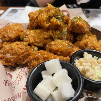Pelicana Chicken - half sweet and spicy half regular, yum!! - Korean Near Me - Duluth, Georgia