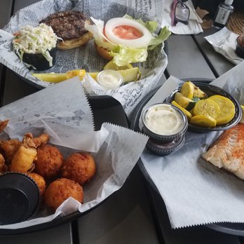 Hull's Seafood - Our usual picks- hamburger, fried shrimp, and fish of the day- cod - Seafood Near Me - Ormond Beach, Florida Hull's Seafood - Our usual picks- hamburger, fried shrimp, and fish of the day- cod - Seafood Near Me - Ormond Beach, Florida