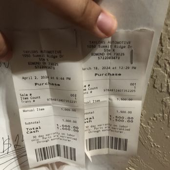 Taylors Automotive - Receipts from march and April of paying in full (it was 2441 and paid him 2500 for him to still be negligent). - Auto Repair Near Me - Edmond, Oklahoma Taylors Automotive - Receipts from march and April of paying in full (it was 2441 and paid him 2500 for him to still be negligent). - Auto Repair Near Me - Edmond, Oklahoma