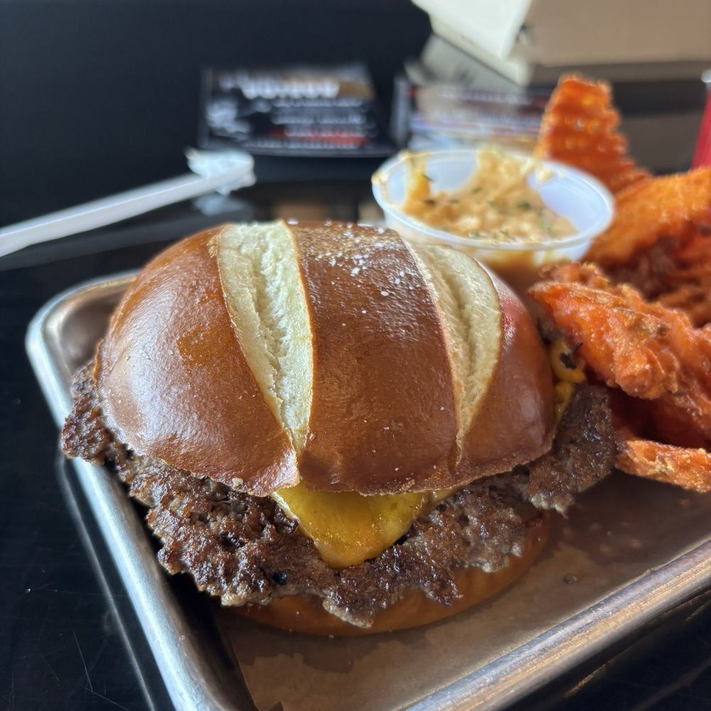 Burger Bar - Pretzel burger and beer cheese - Sports Bars Near Me - Cedar Park, Texas Burger Bar - Pretzel burger and beer cheese - Sports Bars Near Me - Cedar Park, Texas
