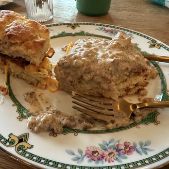 Flake Bakery And Larder - Biscuits and gravy and the biscuit, egg, cheese and bacon sandwich. - Bakeries Near Me - Taylor, Texas