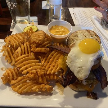 Grumpy Jack's - Double Trouble Burger topped with a Fried Egg. - Sports Bars Near Me - Port Jefferson, New York