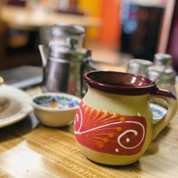 a coffee mug and a plate of food
