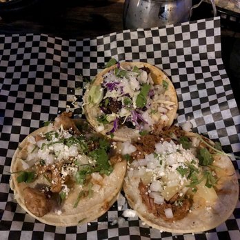 Borracho Tacos & Tequileria - Pollo Taco on the bottom left  Specialty Carne Asada Taco on the very top  House al Pastor Taco on the bottom right - Mexican Near Me - Spokane, Washington