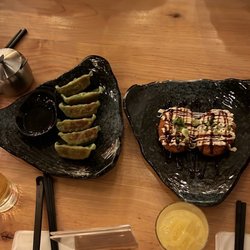 Ramen Nara - Veg/ Edamame Gyoza + Potato Croquette appetizers. Drink is the Mango Sake Sour