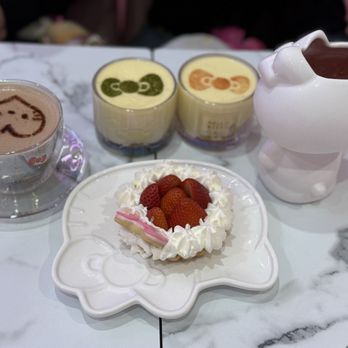 Hello Kitty Cafe - Matcha tiramisu, strawberry tiramisu, strawberry tart strawberry soda, hot chocolate - Themed Cafes Near Me - Santa Clara, California