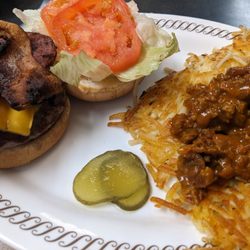Waffle House - Burger and hash browns with chili at Waffle House, Florence