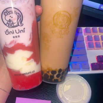 Uni Uni - L: Strawberry Fresh Milk w Milk Mochi, Strawberry Jelly, & Cheese Foam R: Uni Brown Sugar Milk Tea w Tapioca, Milk Mochi, & Cheese Foam - Bubble Tea Near Me - Katy, Texas Uni Uni - L: Strawberry Fresh Milk w Milk Mochi, Strawberry Jelly, & Cheese Foam R: Uni Brown Sugar Milk Tea w Tapioca, Milk Mochi, & Cheese Foam - Bubble Tea Near Me - Katy, Texas
