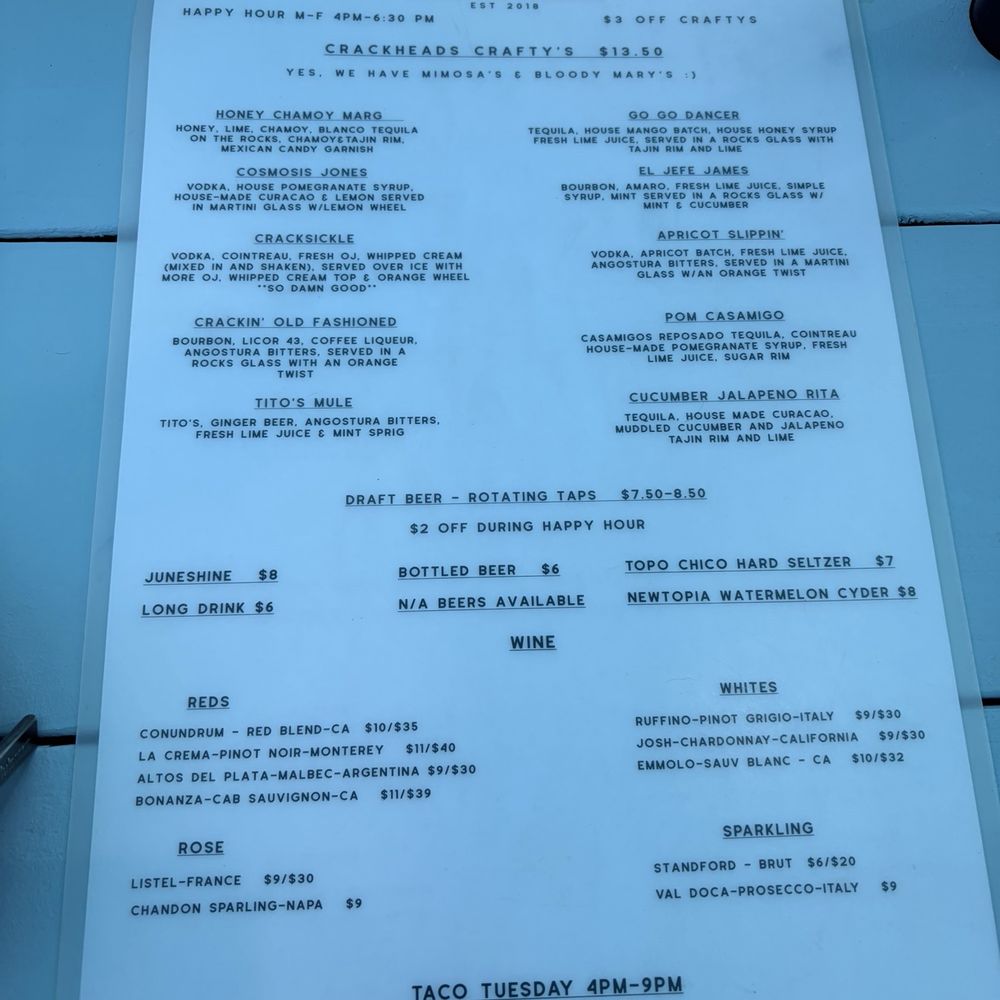 Crackheads - Drink menu 7/18/26 - Cocktail Bars Near Me - Carlsbad, California Crackheads - Drink menu 7/18/26 - Cocktail Bars Near Me - Carlsbad, California