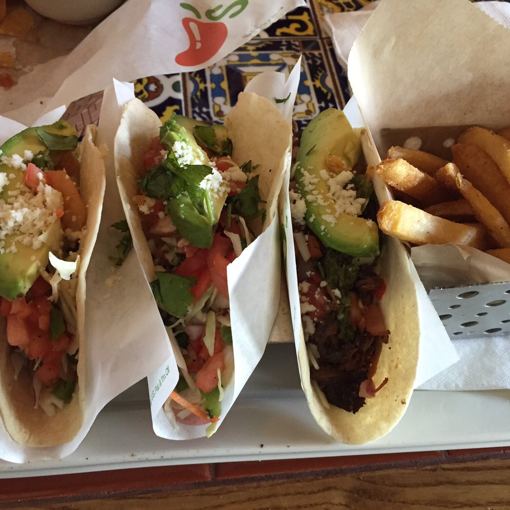 Chili's - 3 taco combination. I got two shrimp and one pork! Subbed fries instead of beans. - Tex-Mex Near Me - Charlotte, North Carolina Chili's - 3 taco combination. I got two shrimp and one pork! Subbed fries instead of beans. - Tex-Mex Near Me - Charlotte, North Carolina