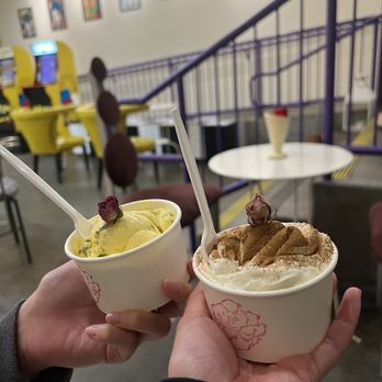 Kinrose Creamery - (left) saffron pistachio rose & (right) sheer aroz - Ice Cream & Frozen Yogurt Near Me - Pasadena, California Kinrose Creamery - (left) saffron pistachio rose & (right) sheer aroz - Ice Cream & Frozen Yogurt Near Me - Pasadena, California