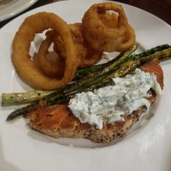 Copper Still Grill - Salmon and onion rings with grillled asparagus - New American Near Me - Monrovia, California