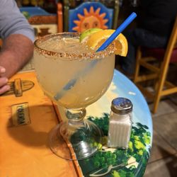 Los Corrales Family Mexican Restaurant - Margarita the size of my head, with salt shaker to show the size.. lol