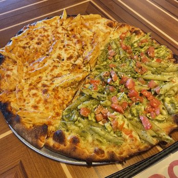 Dockside Brewery - Half pesto penne and chicken pizza and half penne vodka pizza - Breweries Near Me - Milford, Connecticut