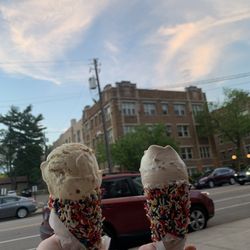 Dairy free almond ice cream with chocolate sprinkle cones