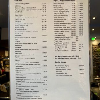 Fuumi - Sushi Roll, Nigiri (2 pcs) / Sashimi (4 pcs), and Special Combo page of menu on July 14, 2024 - Sushi Bars Near Me - Burlingame, California
