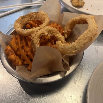 Society Burger - 50-50 with sweet potato fries and onion rings - Burgers Near Me - Tulsa, Oklahoma