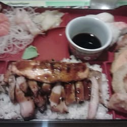 New York Teriyaki - #39 chicken salmon tempura sushi bento. $16