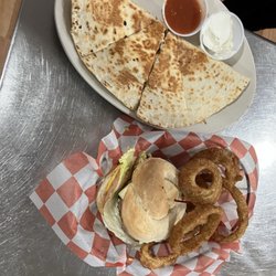 Sue's Cobscook Bay Cafe - Chicken quesadillas and burger with our hand made onion rings