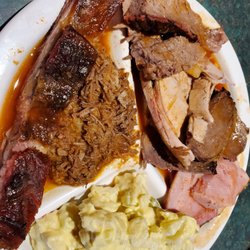 Peak Bros Bar-B-Que - Combo plate - rib, chipped mutton, brisket, sliced pork, sliced mutton, ham, potato salad