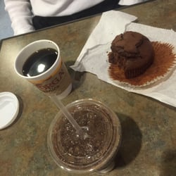 Mayorga Coffee - Iced coconut mocha, chocolate chocolate chip muffin and coffee
