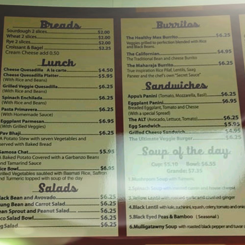 Appu's Cafe - The menu. - Vegan Near Me - Long Beach, California