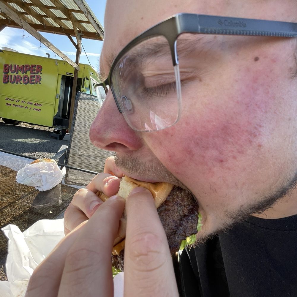 Bumper Burger - 50/50 Burger, Fully topped with a side of blue raspberry lemonade kool-aid, and one hungry Jesus loving Larry - Burgers Near Me - Beaverton, Oregon