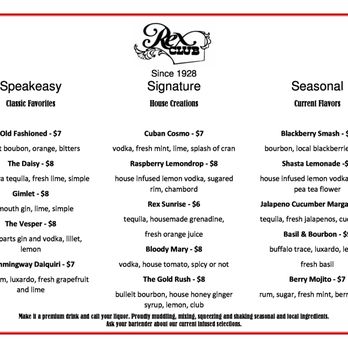 Rex Club - a list of the specials for the season - Cocktail Bars Near Me - Yreka, California Rex Club - a list of the specials for the season - Cocktail Bars Near Me - Yreka, California