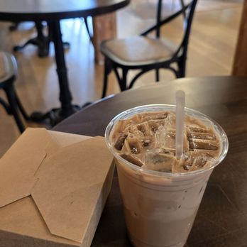 Sanctuary Coffee Refuge - Iced mocha, box with pastry, ambiance - Coffee & Tea Near Me - Fresno, California