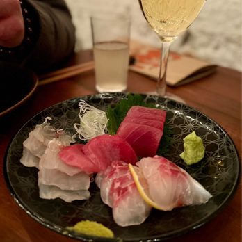 Rintaro - Sashimi san ten mori (w/ a glass of Franck Peillot) - Izakaya Near Me - San Francisco, California