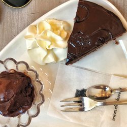 Marialuisa - Sachertorte. Served with whipped cream and a scoop of dark chocolate ice cream