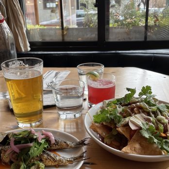 Allswell - Sardines, nachos, a pint of Ebbs and a cocktail my partner had which I can't remember! - New American Near Me - Brooklyn, New York