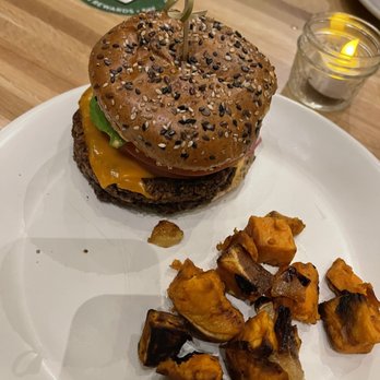 True Food Kitchen - Vegan Double Cheeseburger Oh my that pickled onion - New American Near Me - Hackensack, New Jersey