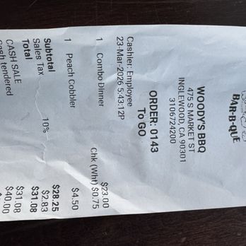 Woody's Bar-B-Que - My receipt - Barbeque Near Me - Inglewood, California