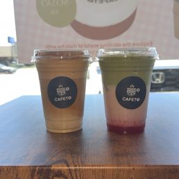 Buttercream Latte $6.95 and Strawberry Matcha Cloud Latte
