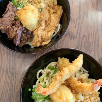 Motonobu Udon - Top: Niku tofu udon  Bottom: Ebiten udon - Japanese Near Me - Vancouver, British Columbia