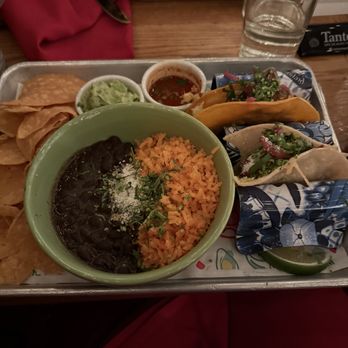 Bar Mexicana - My dinner of two tacos (plus I ordered an additional one) that came with rice, beans, and chips and guac. - Mexican Near Me - New York, New York Bar Mexicana - My dinner of two tacos (plus I ordered an additional one) that came with rice, beans, and chips and guac. - Mexican Near Me - New York, New York