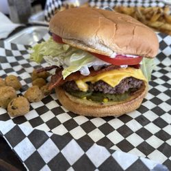 Bacon Cheeseburger, Fried Okra and Natural Cut Fries