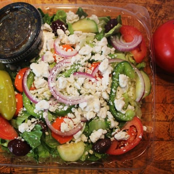Billy's Beef Hot Dogs - Greek Salad: Lettuce, Tomato,Cucumbers, Carrots, Green Pepper, Pepperoncini, Greek Olives, Feta Cheese & Homemade Greek Dressing. - Hot Dogs Near Me - Spring Grove, Illinois Billy's Beef Hot Dogs - Greek Salad: Lettuce, Tomato,Cucumbers, Carrots, Green Pepper, Pepperoncini, Greek Olives, Feta Cheese & Homemade Greek Dressing. - Hot Dogs Near Me - Spring Grove, Illinois