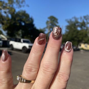 Aloha Beauty Lounge - He used the cat eye formula in two colors and various magnets to design a unique pattern for me for Fall. - Nail Salons Near Me - Tomball, Texas Aloha Beauty Lounge - He used the cat eye formula in two colors and various magnets to design a unique pattern for me for Fall. - Nail Salons Near Me - Tomball, Texas