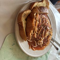 Valentino's - Spaghetti with meat sauce, not baked.