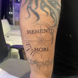 Kustom Kulture Tattoo Studio - Memento Mori fine line tattoo by Nacho. Custom fine line, geometric and lettering tattoo work in Reseda and the San Fernando Valley.