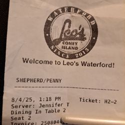 Leo's Coney Island - Receipt showing the day & time of our visit.