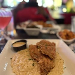Unforgettable Kitchen and Cocktails - Louisiana Catfish & Grits, forget me not drink (did not skimp on the liquor ), potatoes, collards.